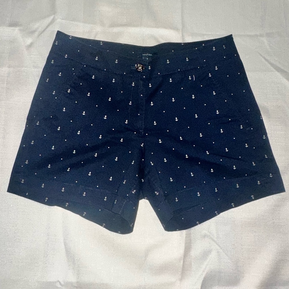 Nautica Women's Navy Shorts with White Anchor Detail Size 6
